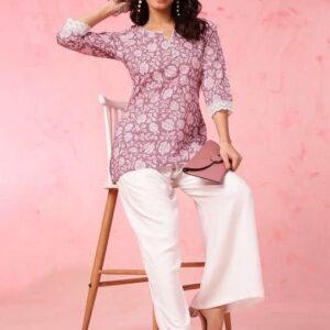 Women's Rayon Floral Printed Straight Short Kurti Set